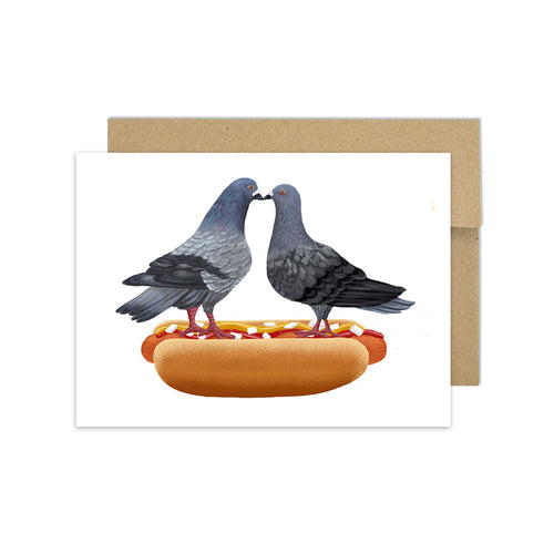Kissing Pigeons on Hot Dog - Greeting Card