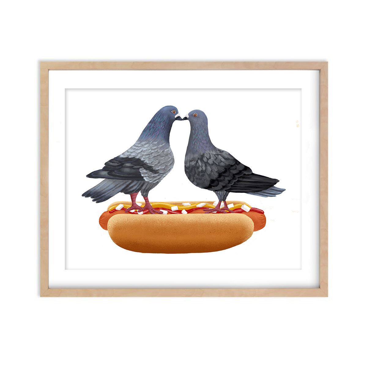 Hot Dog Pigeons Kissing - Art Print