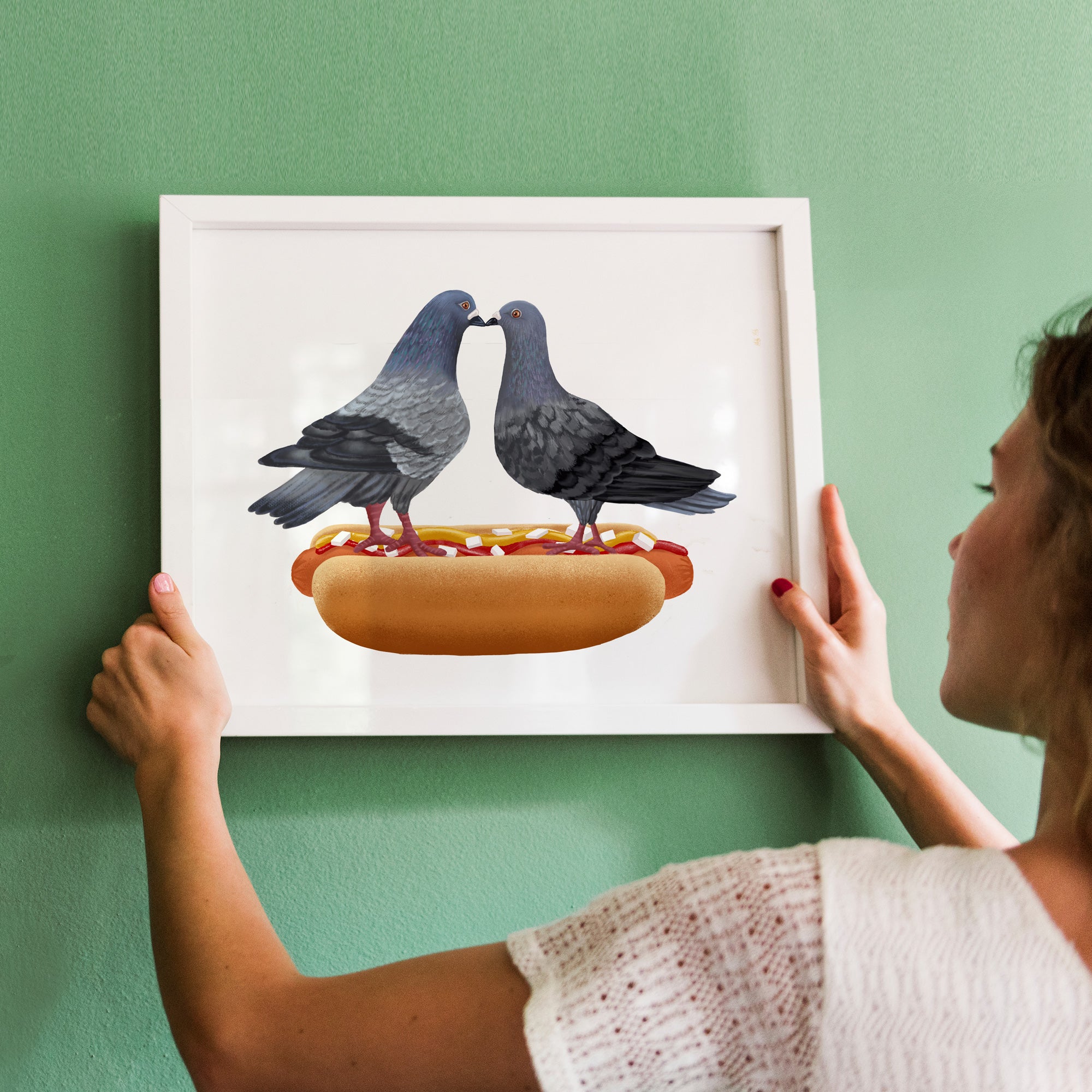 Hot Dog Pigeons Kissing - Art Print